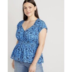 NWT Old Navy Blue Floral Printed Waist Defined Dolman Sleeve Top Blouse XL